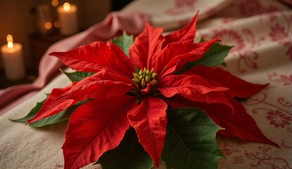 Single vibrant poinsettia flower placed on soft fabric with warm lighting