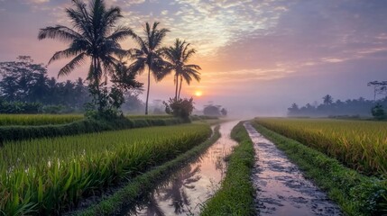 Obraz premium Sunrise over misty rice paddy fields with palm trees and irrigation canal.