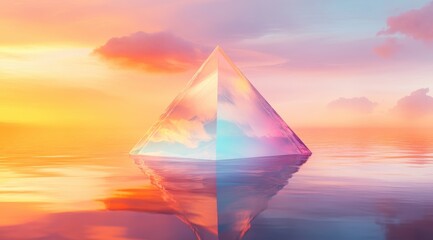 Glass Pyramid Floating on Water with Pastel Background and Orange-Blue Gradient Lighting