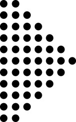 Black dots of varying sizes creating an arrow shape, pointing right against a clean white background. This modern design symbolizes direction, progress, and movement