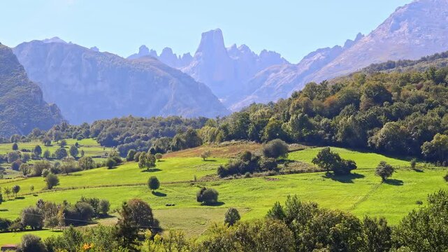 Panoramic view of the valley in front of Picu Urriellu mountain from the viewpoint in Asturias, Spain