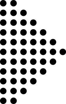 Black dots of varying sizes creating an arrow shape, pointing right against a clean white background. This modern design symbolizes direction, progress, and movement