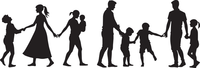 silhouette mom and dad walking and playing together with kids vector