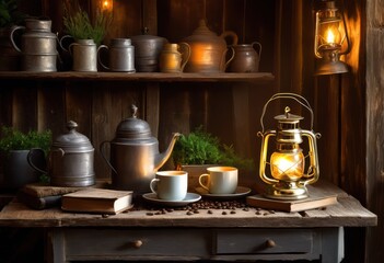 warm coffee mugs emitting steam inviting cozy atmosphere surrounded rustic decor soft lighting, drink, table, ceramic, cup, beverage, aroma, brewing, morning