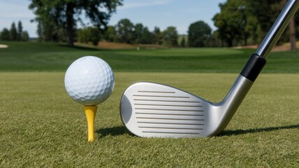 A golf ball on a tee and golf tips. A golf ball with a white border is placed on a yellow nozzle. The golf attachment is located next to the tee. There is a green field in the background.