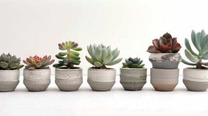 Fototapeta premium A row of diverse succulent plants in modern ceramic pots, showcasing natural beauty and decor potential.