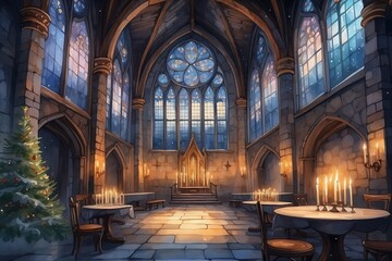 Fototapeta premium Watercolor Background of a Large Festive Hall in a Medieval Castle with a Christmas Tree, Candles, and Stained Glass Windows