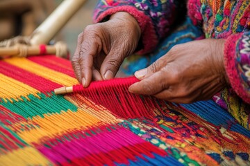 Ancient Hand Weaving Shuttle Amidst Colorful Blurred Warp: A Creative Craft of Cotton Fabric