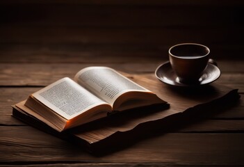 Naklejka premium visual contrast empty coffee cup halved soft cover book pages slightly ajar wooden surface, mug, espresso, latte, drink, beverage, table, morning