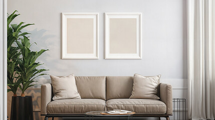 Blank two picture frames in white modern living room with brown sofa and plant. Generative AI
