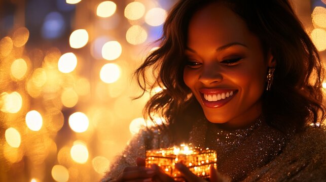 Happy woman opening a glowing gift box at night. - Powered by Adobe