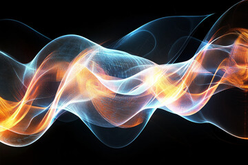 Obraz premium A digital 3D wallpaper with glowing light waves, creating a sense of fluidity and movement in a black background, with neon accents.