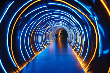 Naklejka premium A futuristic tunnel filled with bold, swirling neon lights in hues of blue and gold, creating a hypnotic, energetic design.