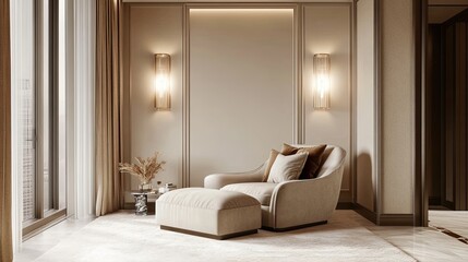 Modern living room interior with a beige armchair, wall and lamp on a light background. Home decor and comfort concept. 