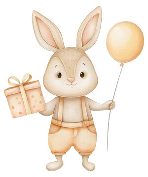 Cute cartoon bunny with balloon and gift