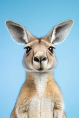 Obraz premium A funny and excited kangaroo isolated on a blue background, with its ears perked and eyes wide open.