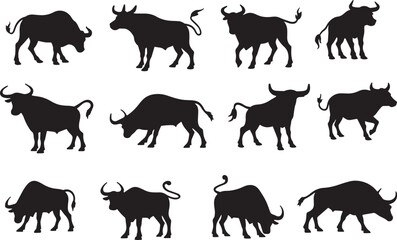 silhouettes of standing in different poses and butting up bull logo designs set. Vector illustration