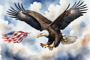 Obraz premium American Independence Day Bald eagle flying with American flag against cloudy sky