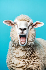 Fototapeta premium Surprised and angry sheep isolated on a blue background, eyes wide and wool fluffed up in excitement.