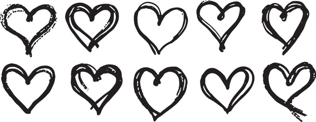 Black silhouette Different shapes retro abstract romantic heart flat icon set isolated on white.  love outline graphic design element collection