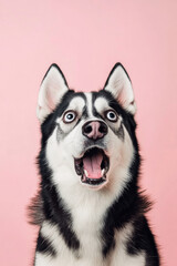 Obraz premium Surprised and angry Husky isolated on a pink background, showing a humorous wide-eyed look and its distinctive markings.