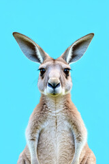 Fototapeta premium A funny and excited kangaroo isolated on a blue background, with its ears perked and eyes wide open.