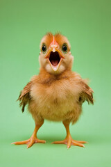 Obraz premium A shocked and excited chicken isolated on a green background, feathers puffed up and eyes wide open.