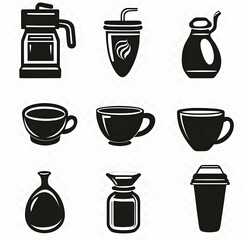 Fototapeta premium Coffee and croissant set of icons including a cup, beans, machine, and water bottle, in black vector style.