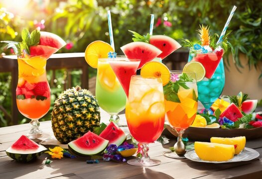 vibrant summer drink arrangements featuring colorful garnishes refreshing glassware bright seasonal fruits eye catching decorations, beverage, cocktail