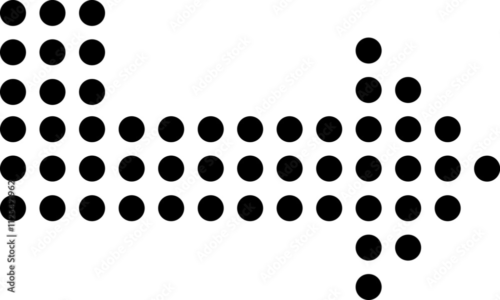 Poster black dots arranged in rows and columns create a right pointing arrow against a clean white backdrop