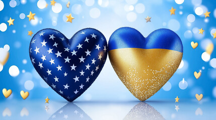 Hearts symbolizing love and connection showcase designs inspired by the Ukraine flag, conveying emotion and solidarity