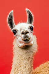 Obraz premium Angry and surprised llama isolated on a red background, eyes wide open and ears perked, giving a humorous and excited look.