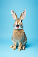 Obraz premium Surprised and angry rabbit isolated on a blue background, ears straight up and eyes full of surprise.