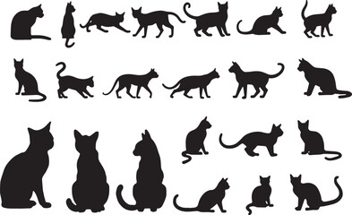 Set of silhouettes of cats on a black and white background. Vector illustration