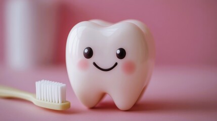 Mock-up healthy white tooth, toothbrush on pink background. The concept of dental clinic, dentistry, healthcare, oral care. Oral hygiene, professional teeth cleaning