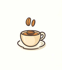 Vector logo of a steaming coffee cup with two brown beans, simple and clean lines.