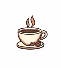 Obraz premium Logo design of a steaming coffee cup with brown beans, minimalistic style. Transparent background.