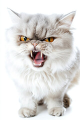 Fototapeta premium Angry and surprised cat isolated on a white background, fur standing up and eyes comically wide in excitement.