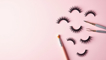 Lash extension clusters on pink background with tools.