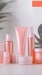 Elegant pink cosmetic containers arranged on a white surface with soft natural lighting, AI
