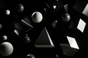 A minimalist 3D wallpaper with geometric shapes like spheres, pyramids, and cubes, illuminated subtly against a pitch-black background, giving an elegant and calm feel.