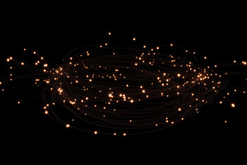 Obraz premium A 3D design featuring a glowing, interconnected network of lines and glowing dots, all suspended in space against a dark black background.