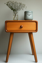 Photographie studio d'une table de chevet minimaliste en bois de chêne clair avec un tiroir, design épuré sur fond blanc