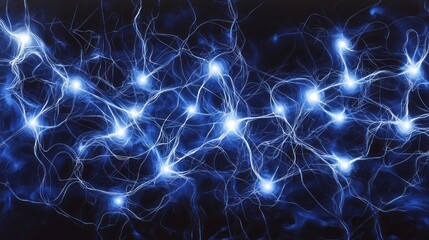 Glowing blue neural connections resembling a web of electricity or a network of neurons, set against a dark background. AI generative.