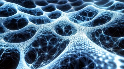 Abstract network of glowing interconnected fibers in white and blue hues, resembling a neural or organic structure against a dark background. AI generative.