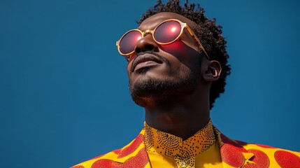 Obraz premium A man adorned in vibrant yellow and red patterned attire, wearing eye-catching sunglasses, under a clear blue sky, exuding confidence and a bold fashion statement.