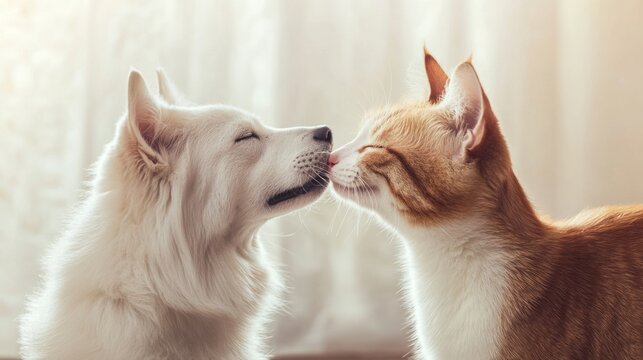 A tranquil scene of a dog and a cat sharing a tender moment, represented through a gentle nuzzle, with a soft and warm background setting the mood.