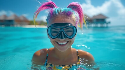 Naklejka premium A joyful woman with vibrant, multicolored hair, wearing a snorkel mask, swims in clear tropical waters, epitomizing a sense of fun and adventure.