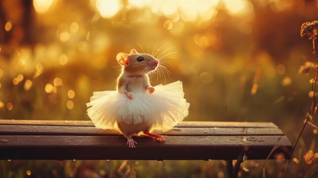 A charming mouse dressed in a fluffy tutu perches delicately on a sunlit bench, bathed in a warm golden glow, evoking a sense of whimsy and enchantment.