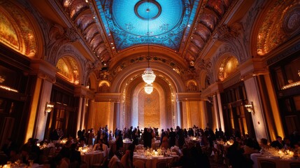 Grand ballroom event, guests dining and dancing under a domed ceiling.